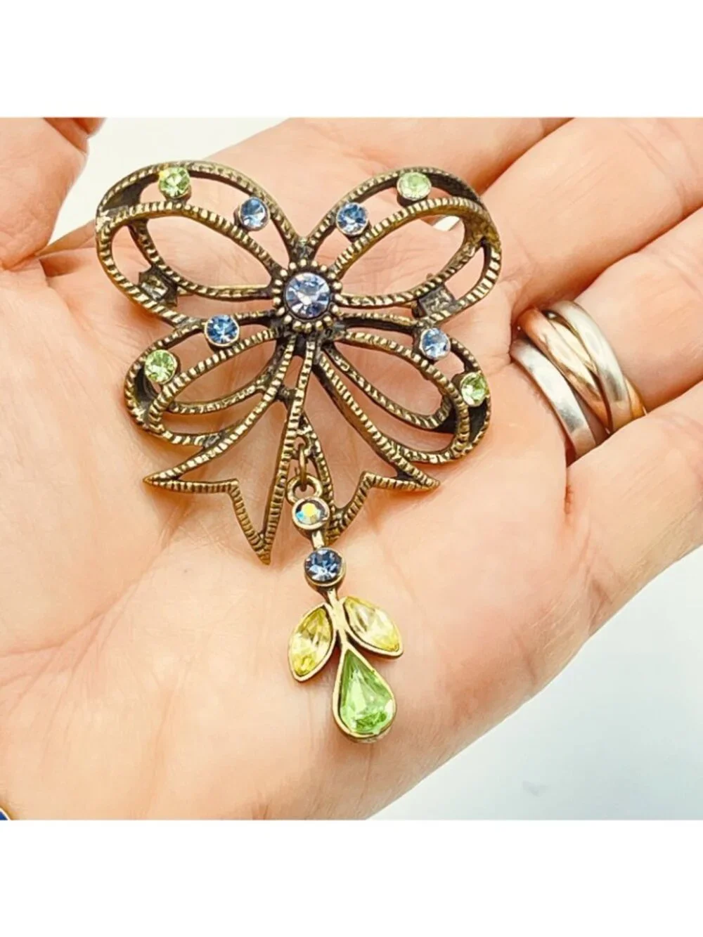 Vintage BOHO Bow Brooch Spring Green Purple Crystal Angel Fairy Whimsygoth 1960s